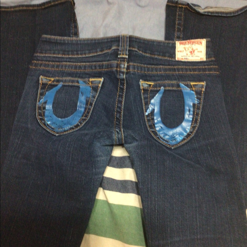 True Religion “Bobby” Blue Painted Pocket Boot Cut Jeans